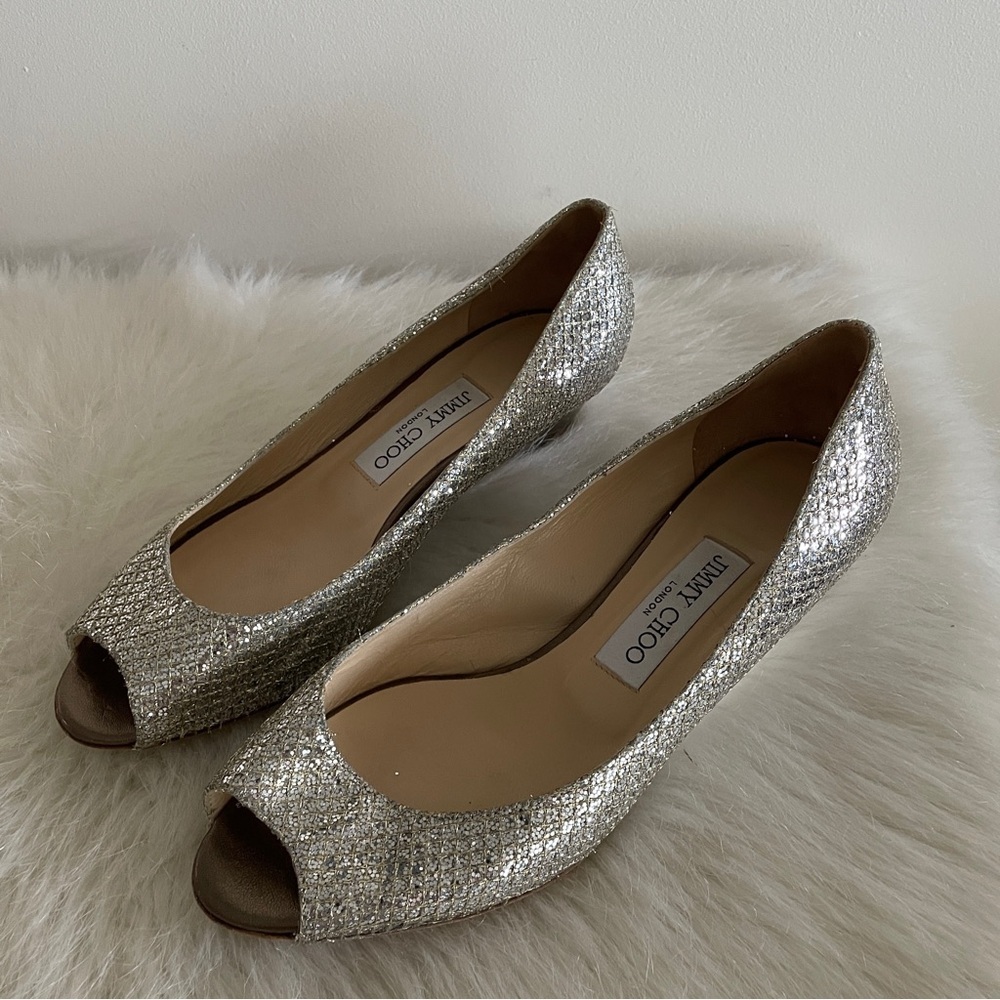 Jimmy Choo Silver Glitter Baxen Wedge Pumps Size 39.5